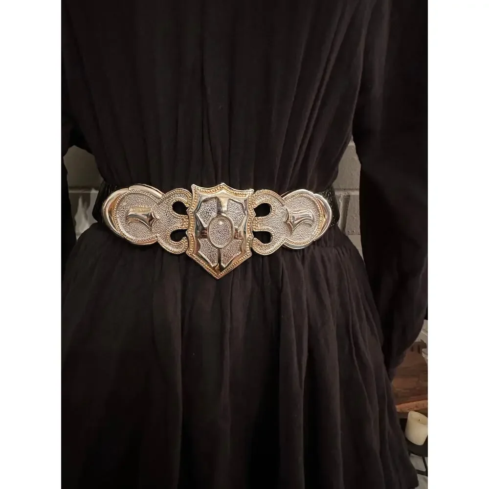 VINTAGE ALEXIS KIRK DESIGNER ALLIGATOR GOLD SILVER BUCKLE ADJUSTABLE SIZE BELT
